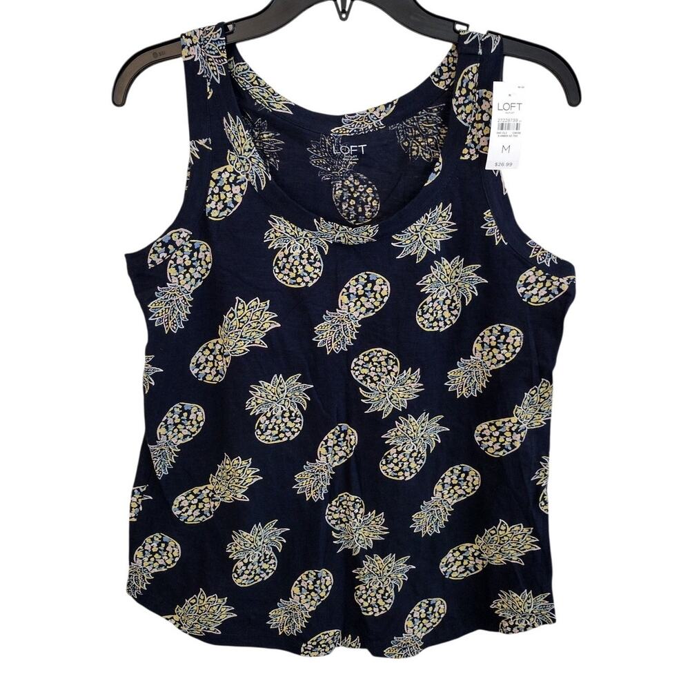 LOFT | Navy Blue Floral Pineapple Scoop-Neck Rounded-Hemline Cotton Tank Top